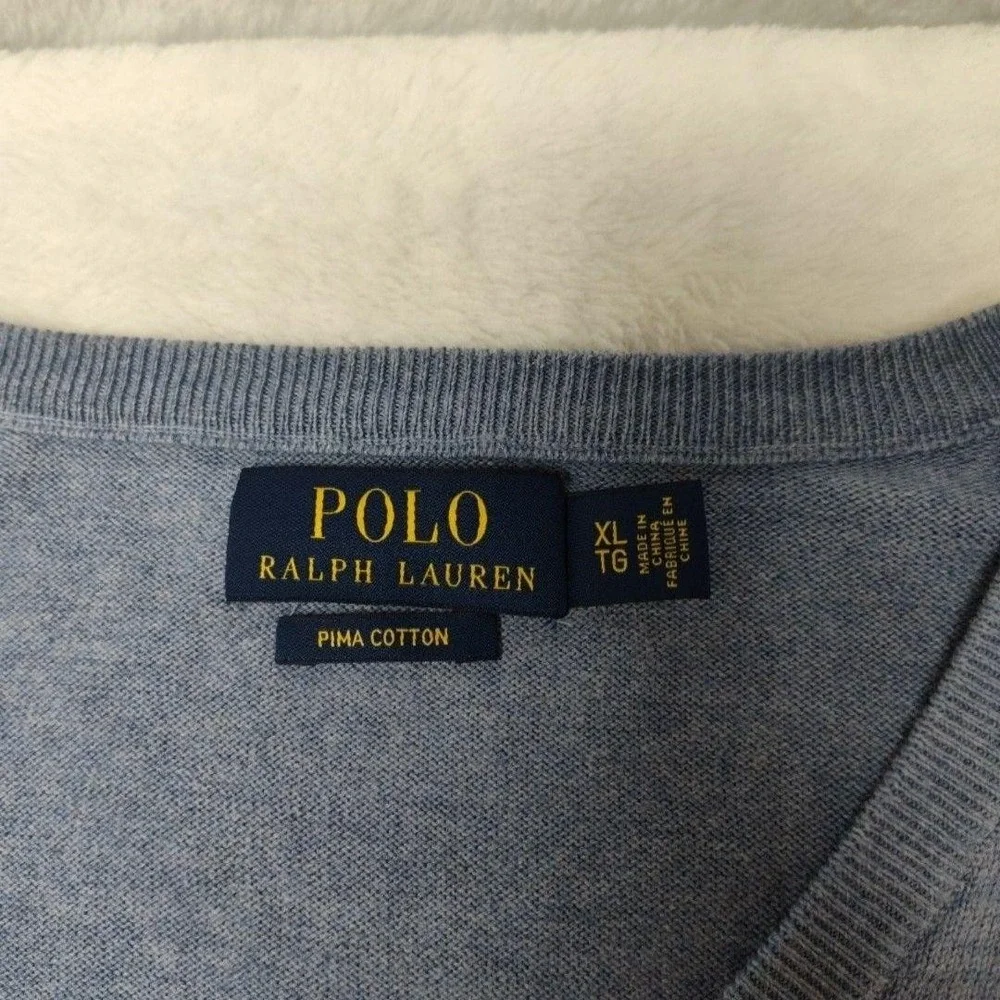 Polo Ralph Lauren Sweater Mens XL Blue V-Neck Pima Cotton Lightweight Pullover